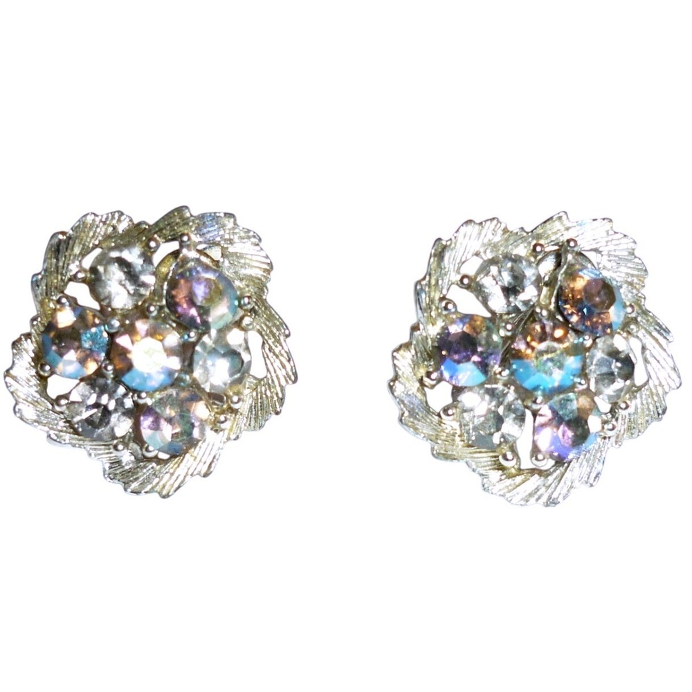 Vintage LISNER Aurora Borealis Rhinestone Floral Screw Back Earrings Silver Tone